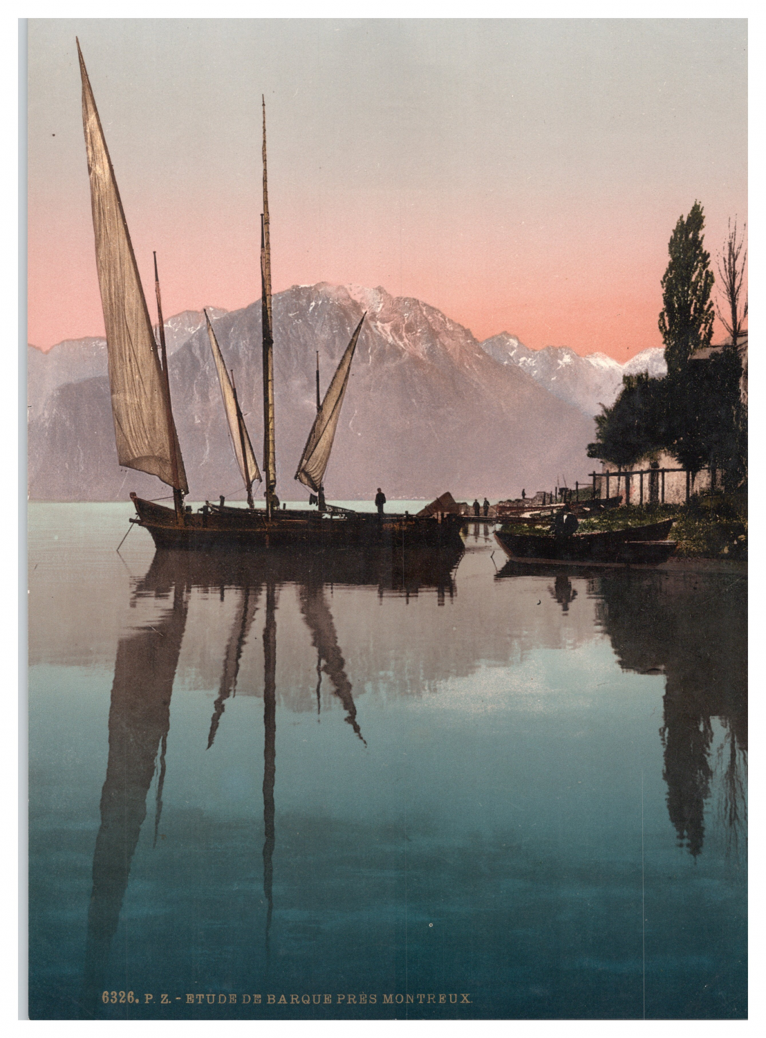 Photochromie Vintage Du Lac Léman Avec Barque - Format 17x22 Cm, Circa 1893, Couleurs, Référence ME1593
